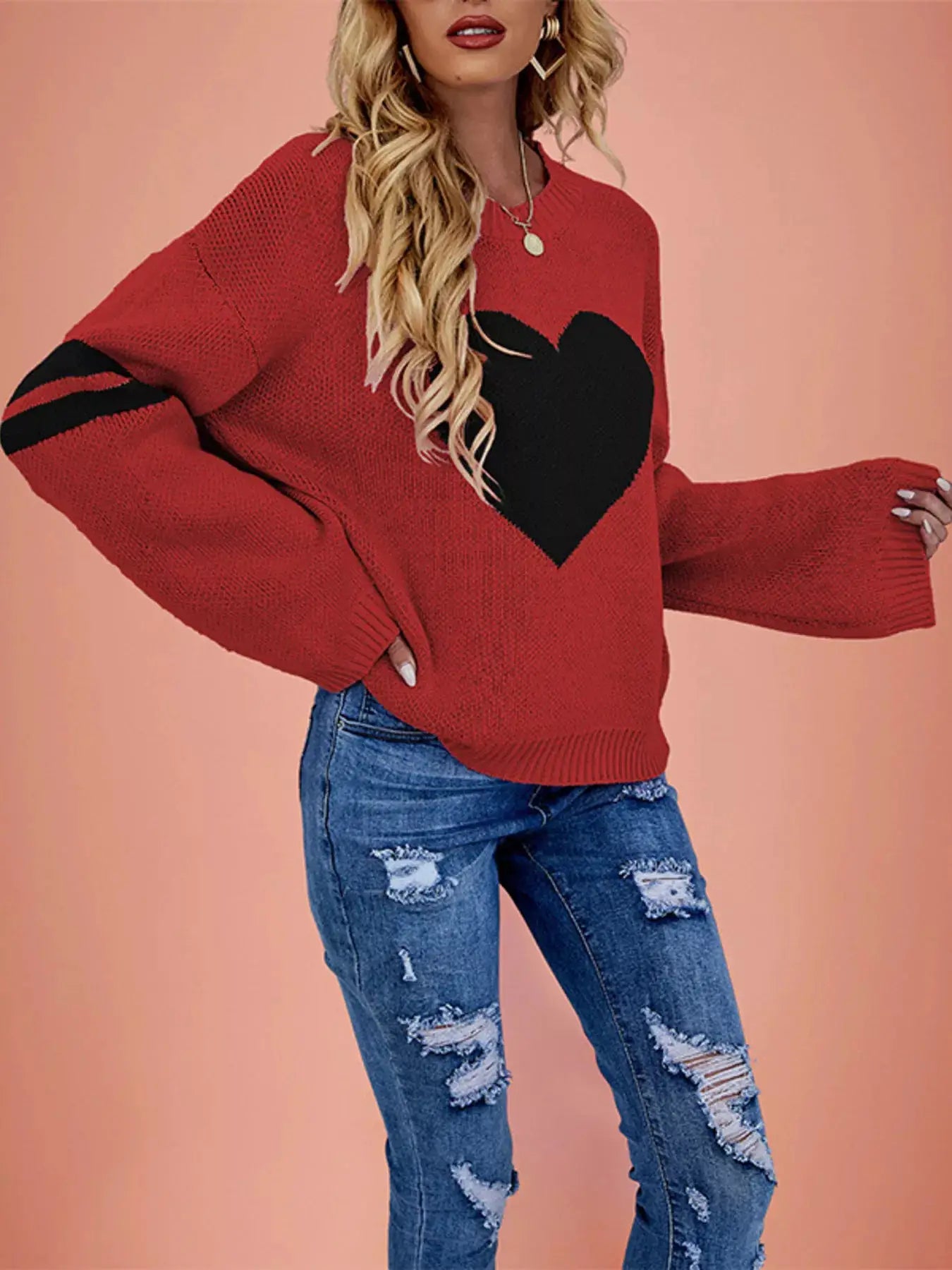 Heart Pattern Dropped Shoulder Sweater by Trendsi