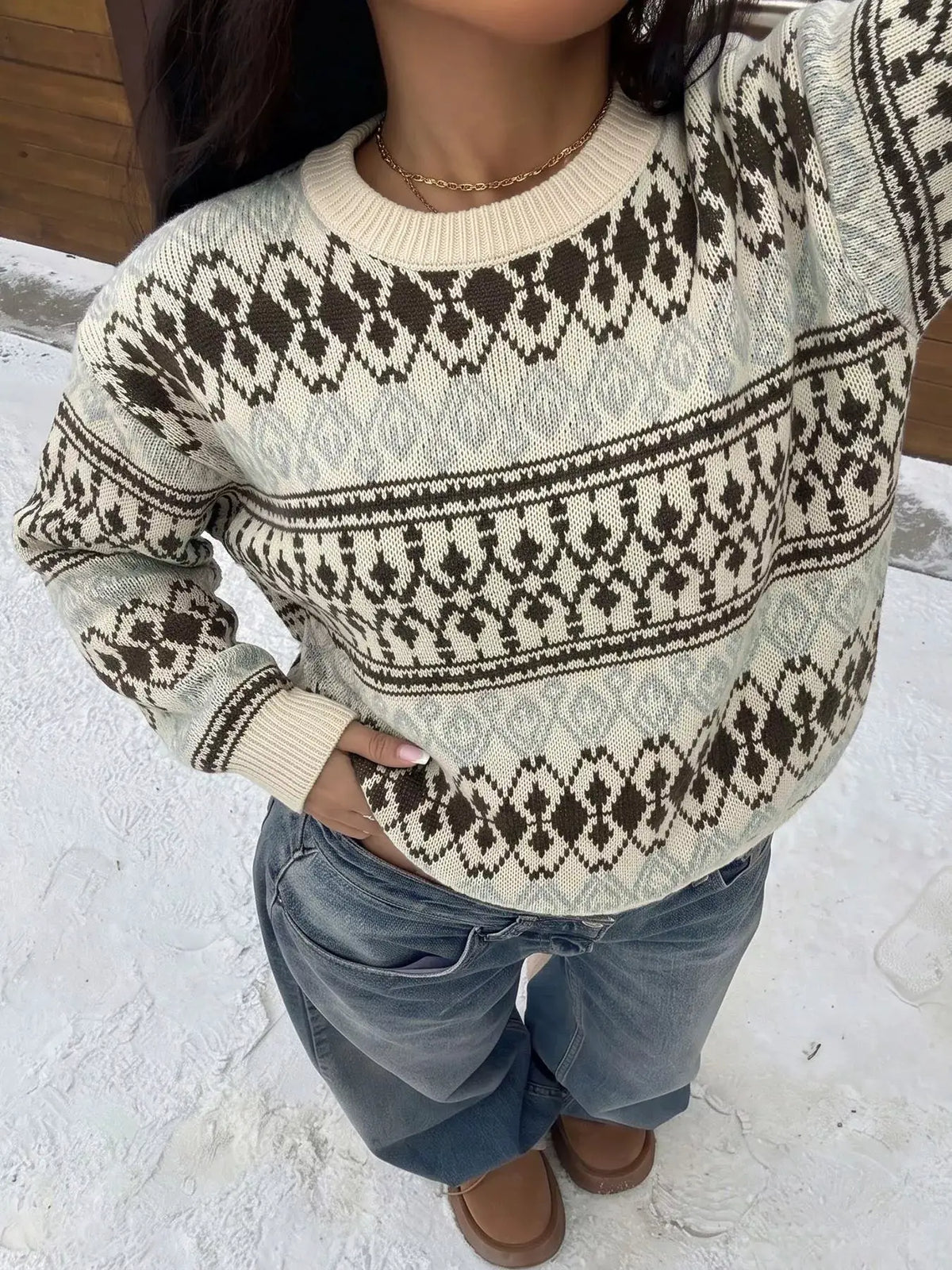 Fair Isle Pattern Crew Neck Sweater by Trendsi