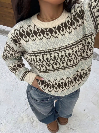 Fair Isle Pattern Crew Neck Sweater by Trendsi