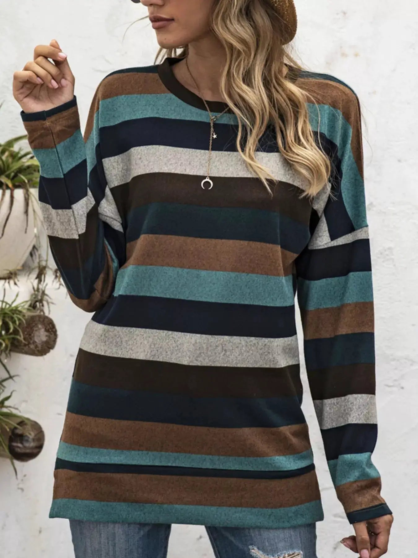 Full Size Casual Striped Long Sleeve Crew Neck Top Plus Size by Trendsi