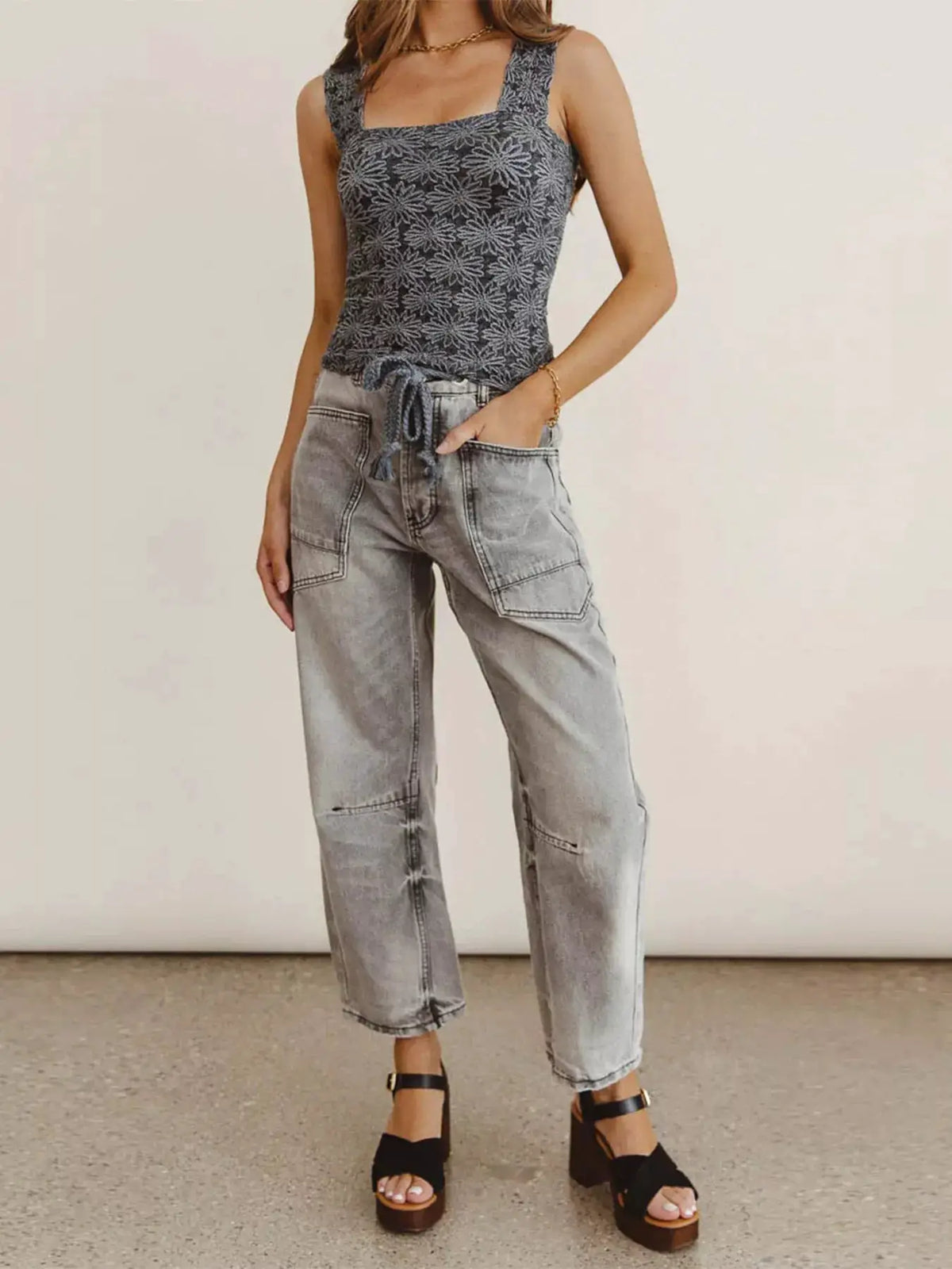 Drawstring Wide Leg Cropped Jeans by Trendsi