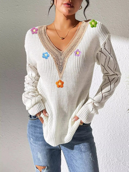 Floral Applique V-Neck Openwork Sweater by Trendsi
