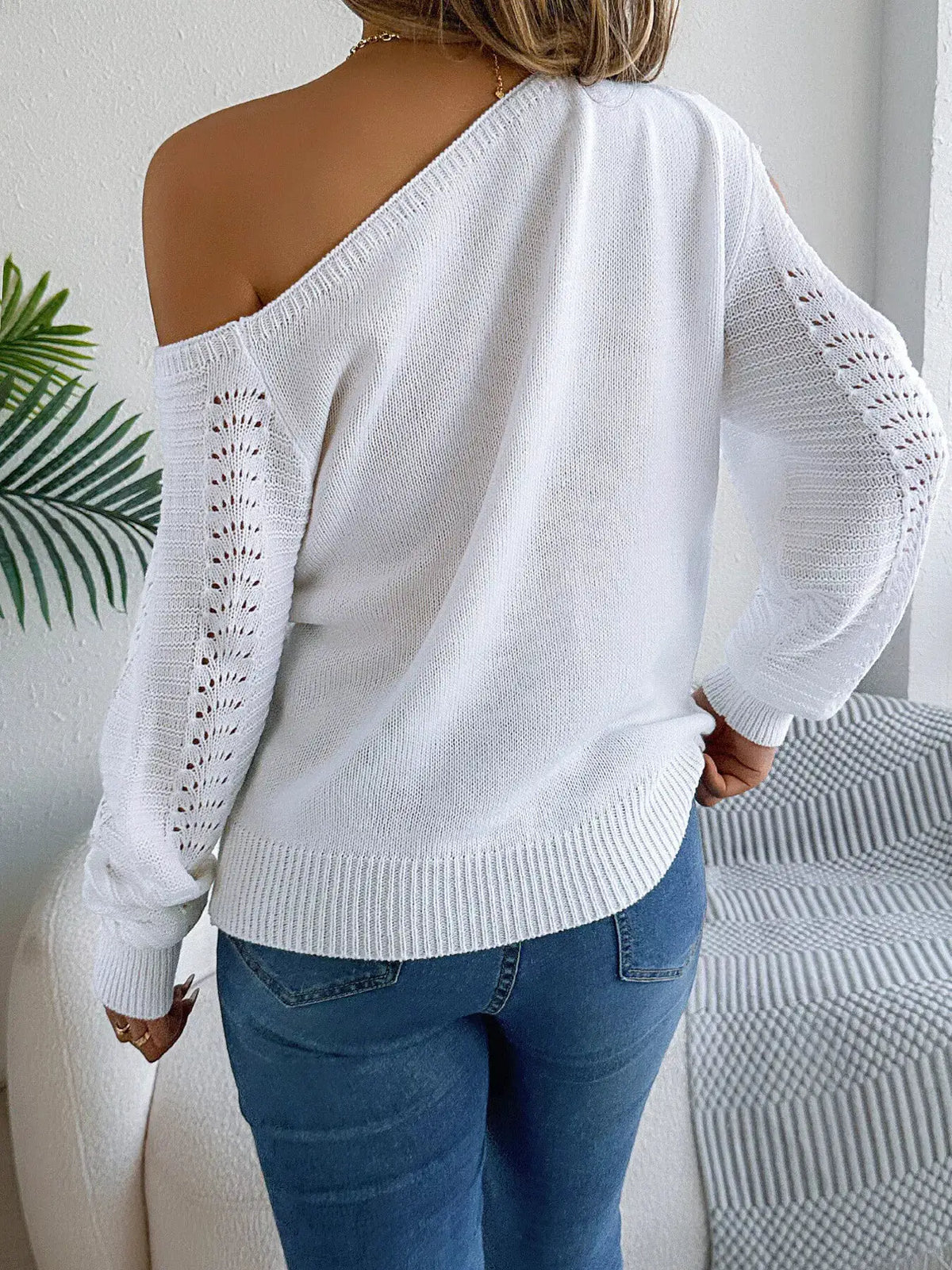 Cold-Shoulder Ribbed Knit Openwork Sweater by Trendsi