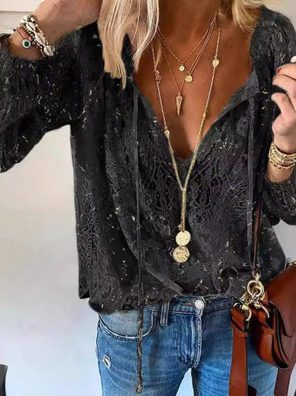 Lace Tie Neck Long Sleeve Blouse by Trendsi