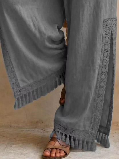Lace Detail Slit Wide Leg Pants by Trendsi