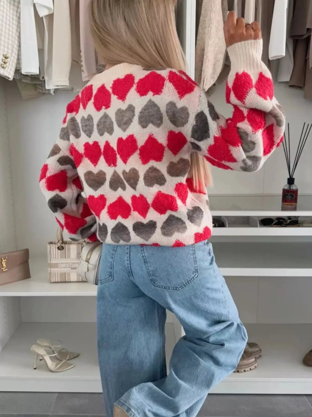 Heart-Patterned Round Neck Sweater by Trendsi