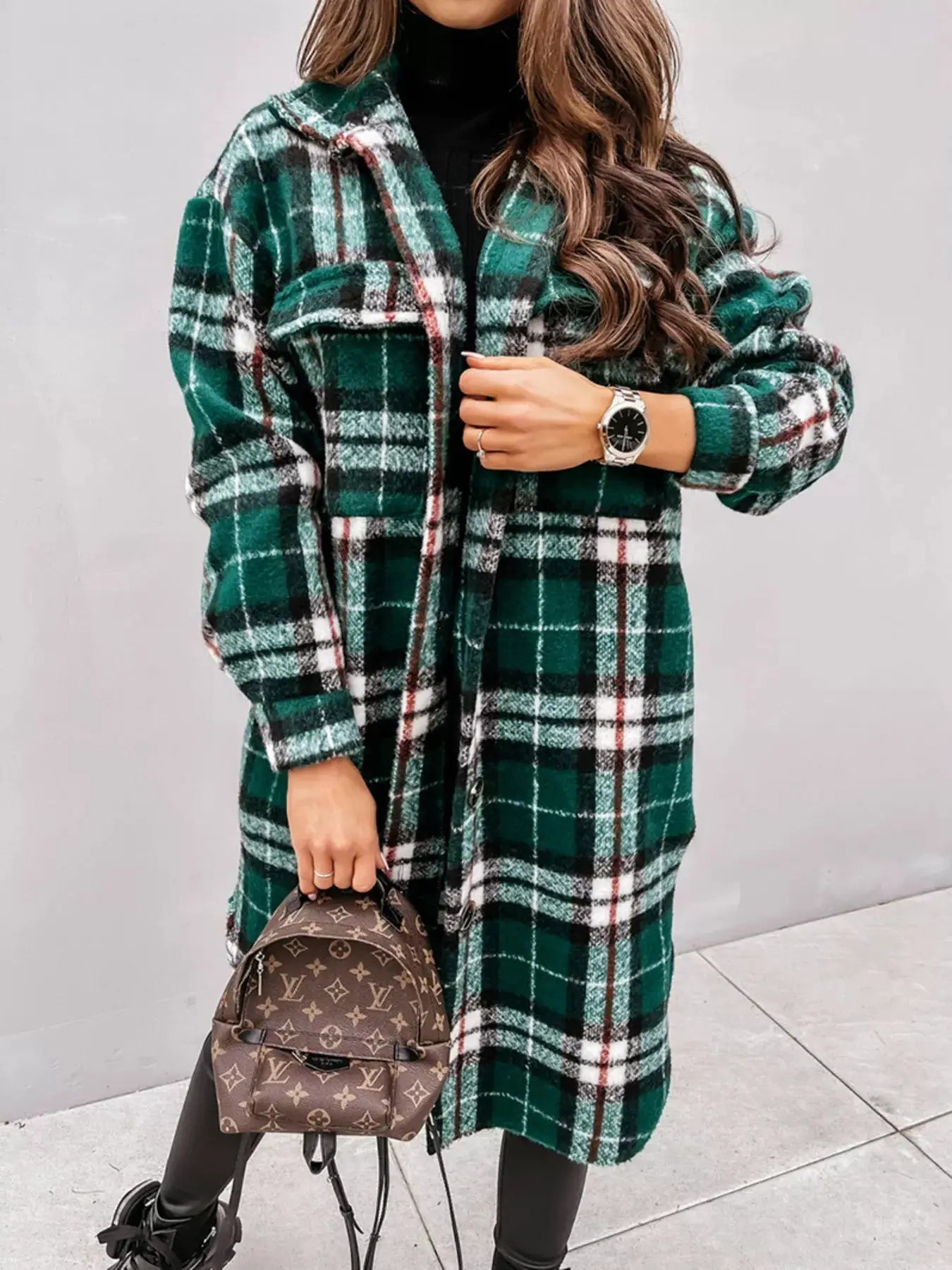 Longline Plaid Button Up Coat by Trendsi
