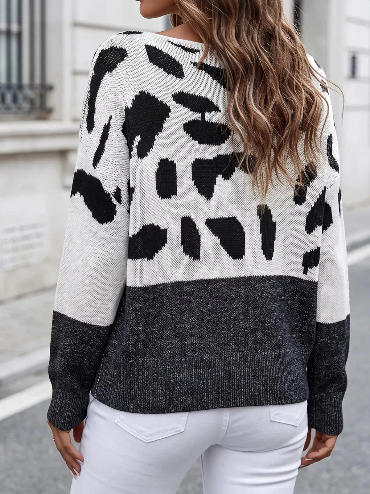 Full Size Off-Shoulder Colorblock Animal Print Sweater Plus Size by Trendsi