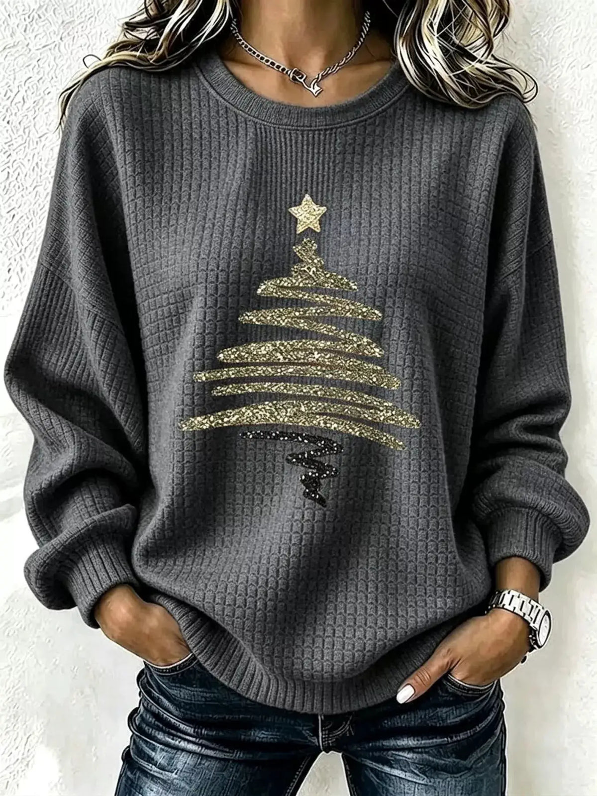 Full Size Festive Christmas Tree Graphic Ribbed Sweatshirt Plus Size by Trendsi