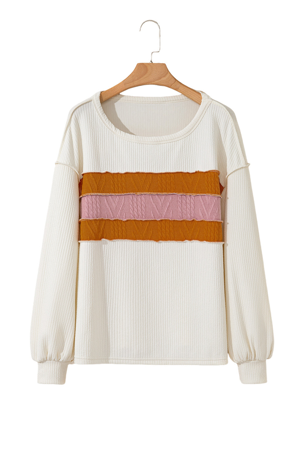 White Corded Exposed Seam Knit Patchwork Drop Sleeve Top