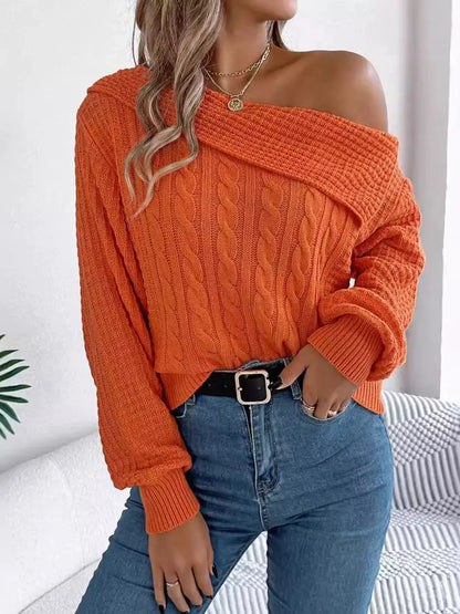 One Shoulder Cable Knit Sweater by Trendsi
