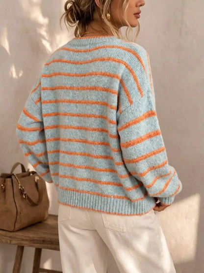 Striped Button-Down Knit Cardigan by Trendsi