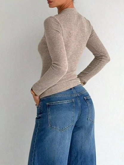 Ribbed Knit Long Sleeve T-Shirt with Metal Ring Cutout Detail by Trendsi