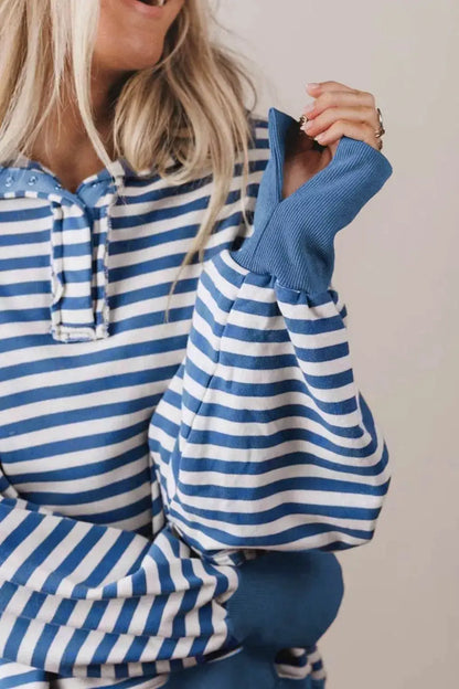 Stripe Color Block Trim Raw Seam Split Hem Loose Sweatshirt by Trendsi