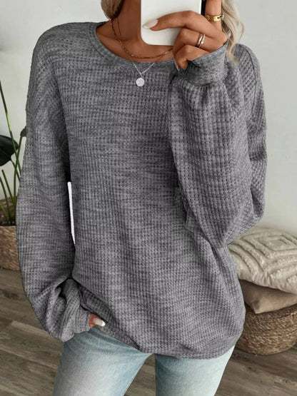 Space-Dyed Long Sleeve Waffle-Knit Top by Trendsi