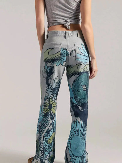 Printed Wide Leg Jeans by Trendsi