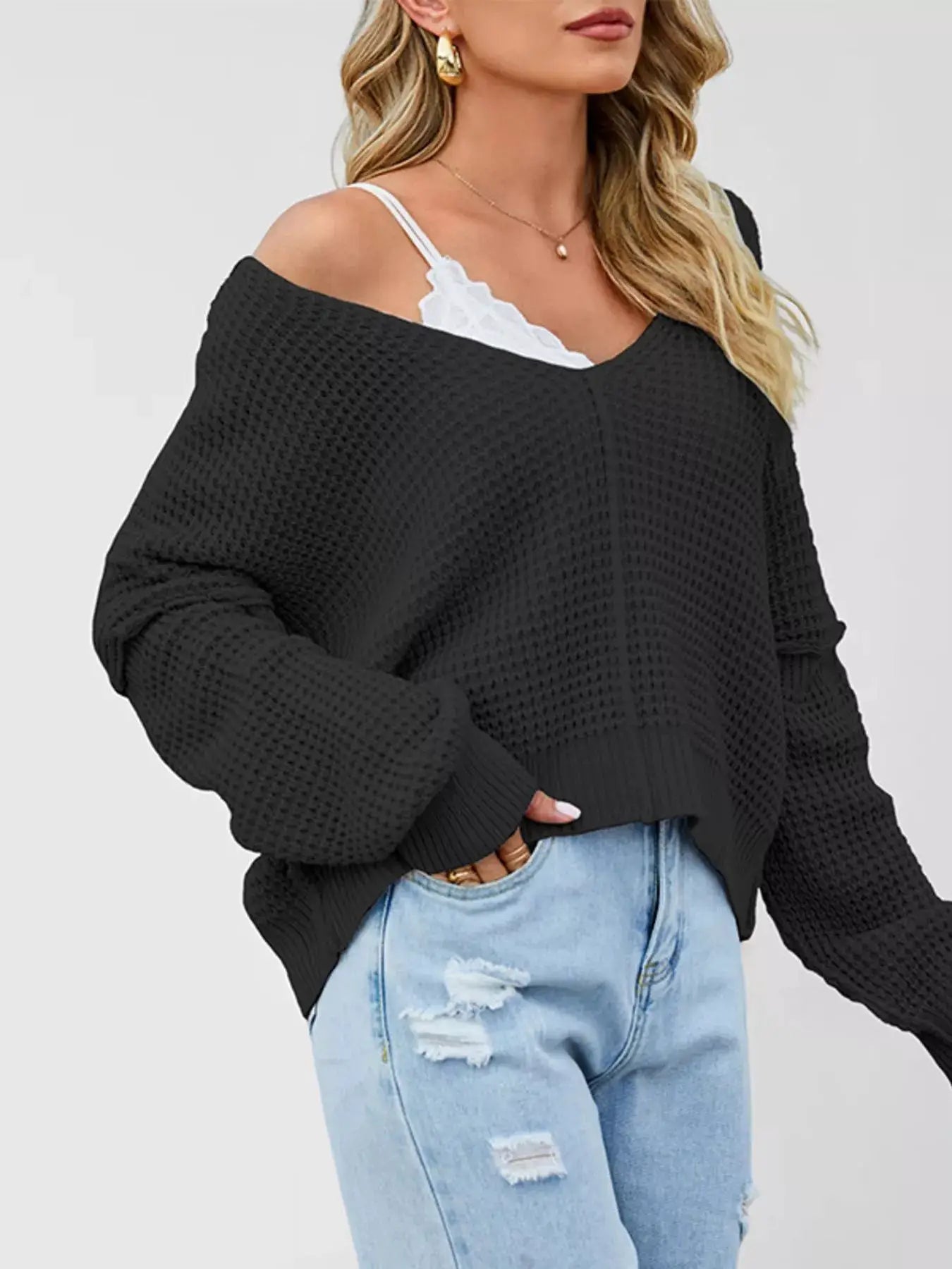 Waffle Knit Dropped Shoulder Sweater by Trendsi