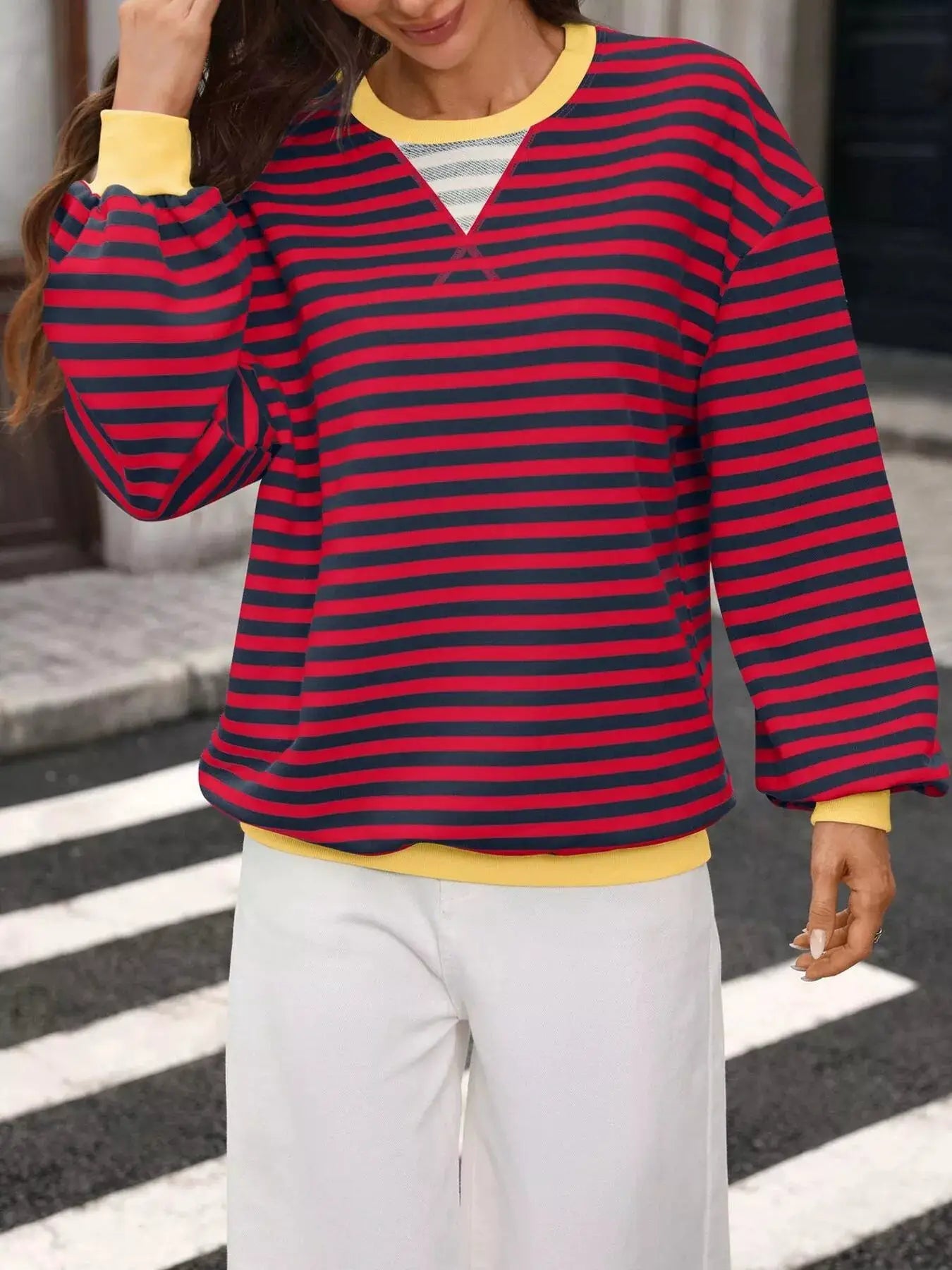 Contrast Trim Striped Crew Neck Sweatshirt by Trendsi