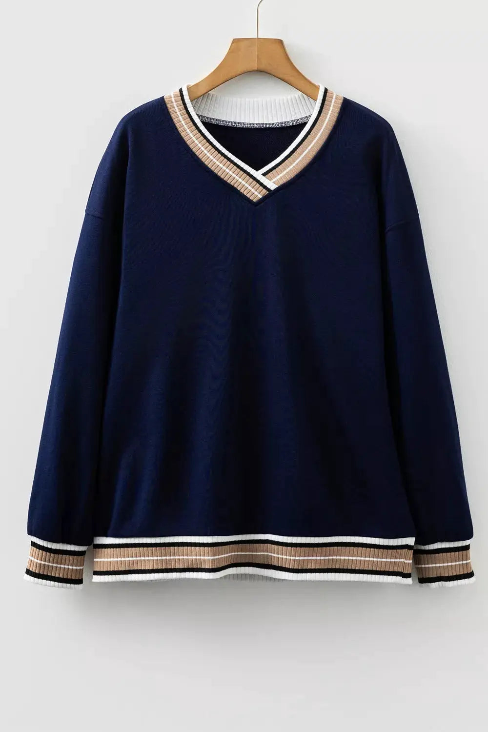 Contrast Striped Trim V Neck Sweatshirt by Trendsi