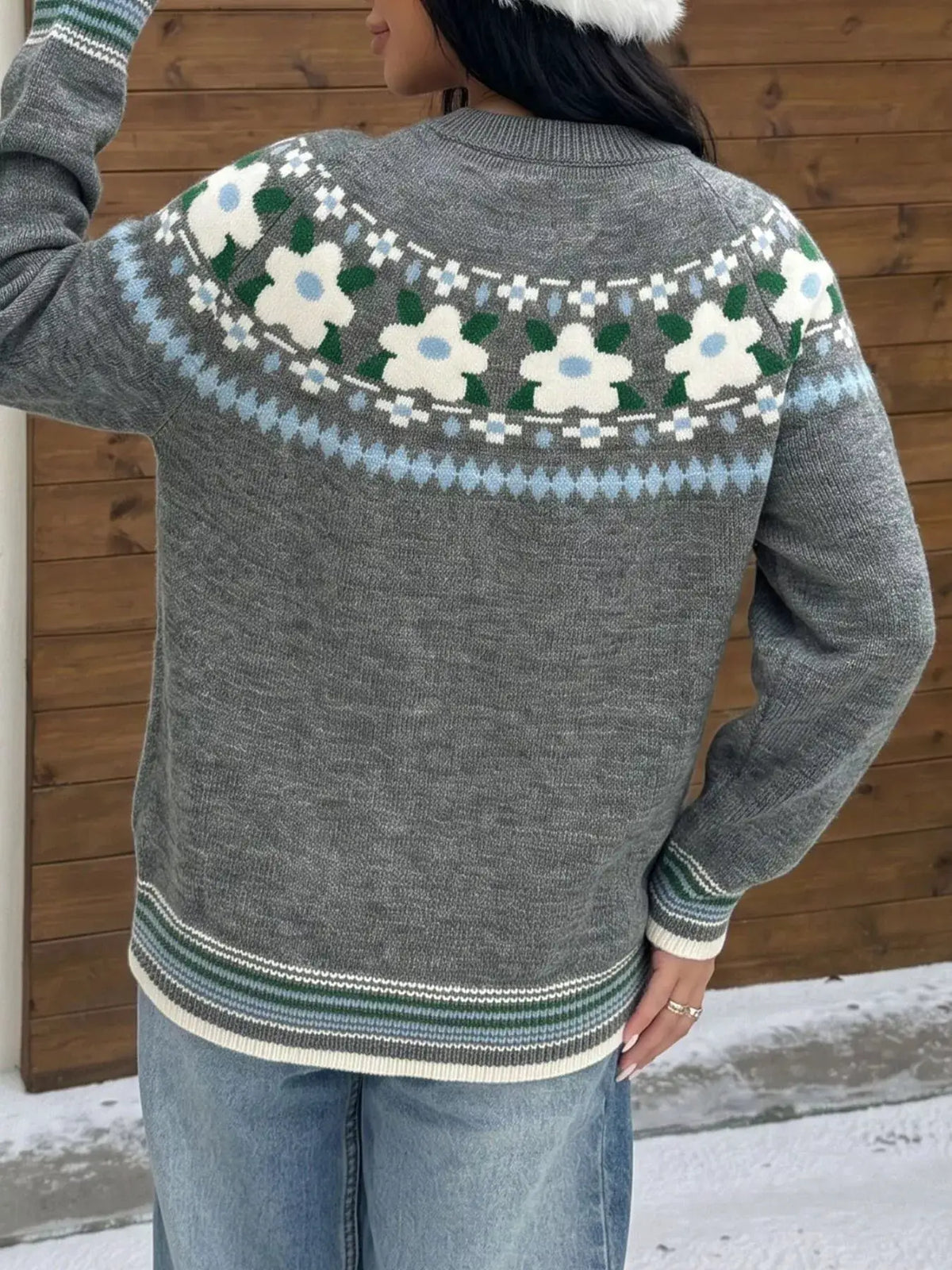 Floral Pattern Round Neck Sweater by Trendsi
