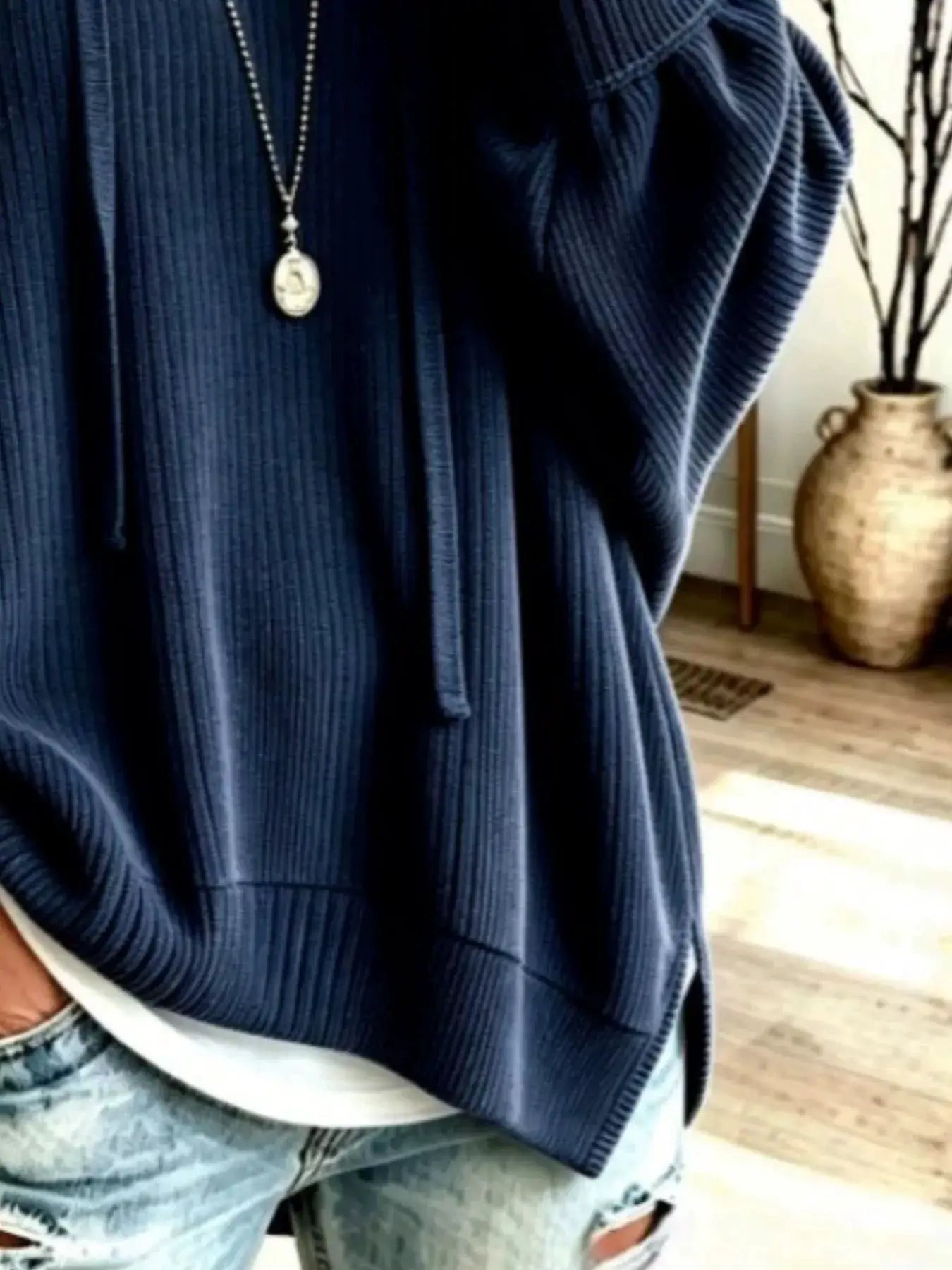 Drawstring Ribbed Knit Hoodie by Trendsi