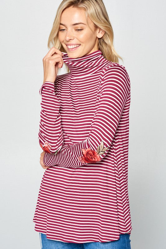 STRIPE JERSEY TURTLE NECK CASUAL TOP