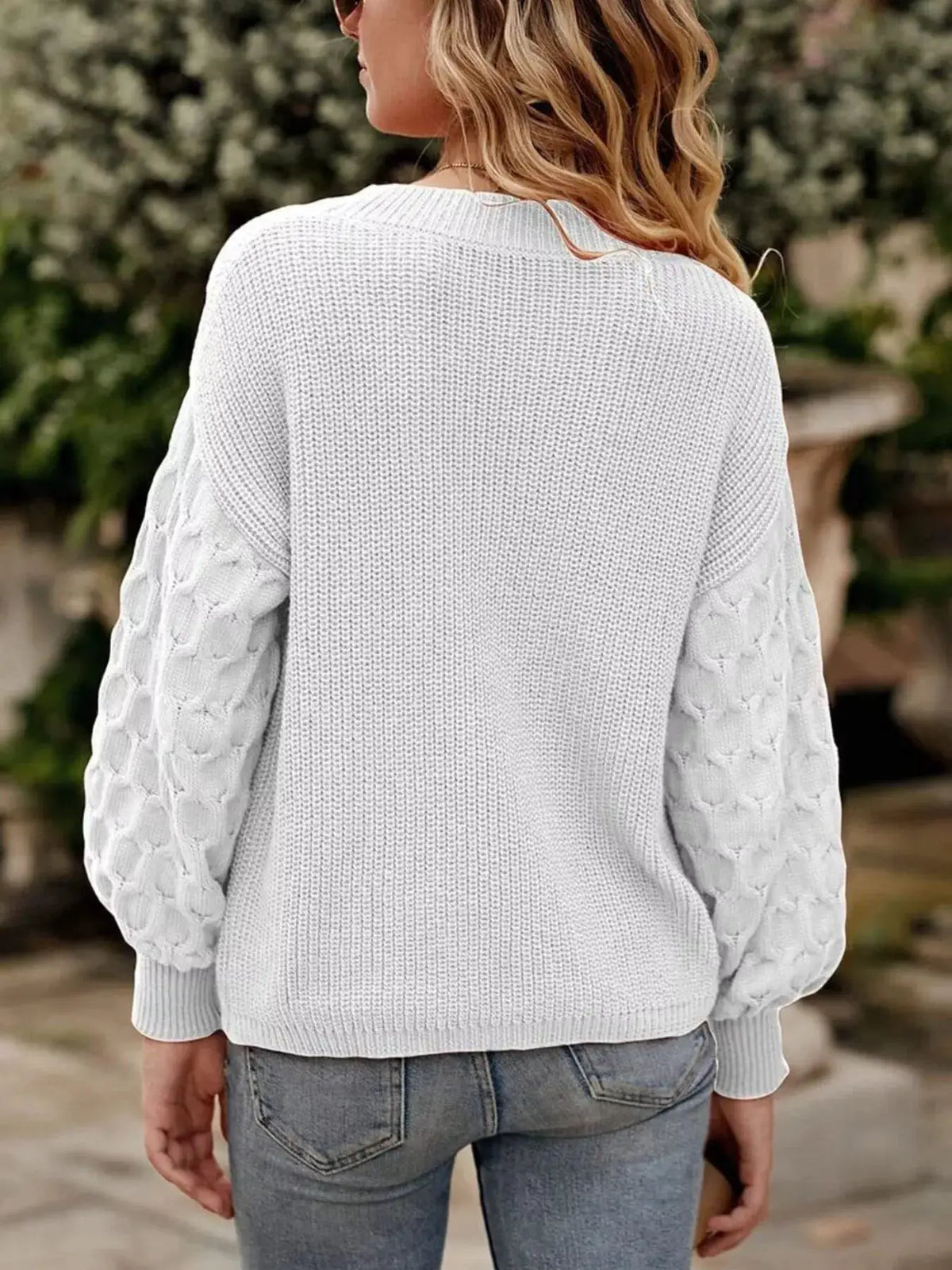 Textured Sleeve Round Neck Sweater by Trendsi