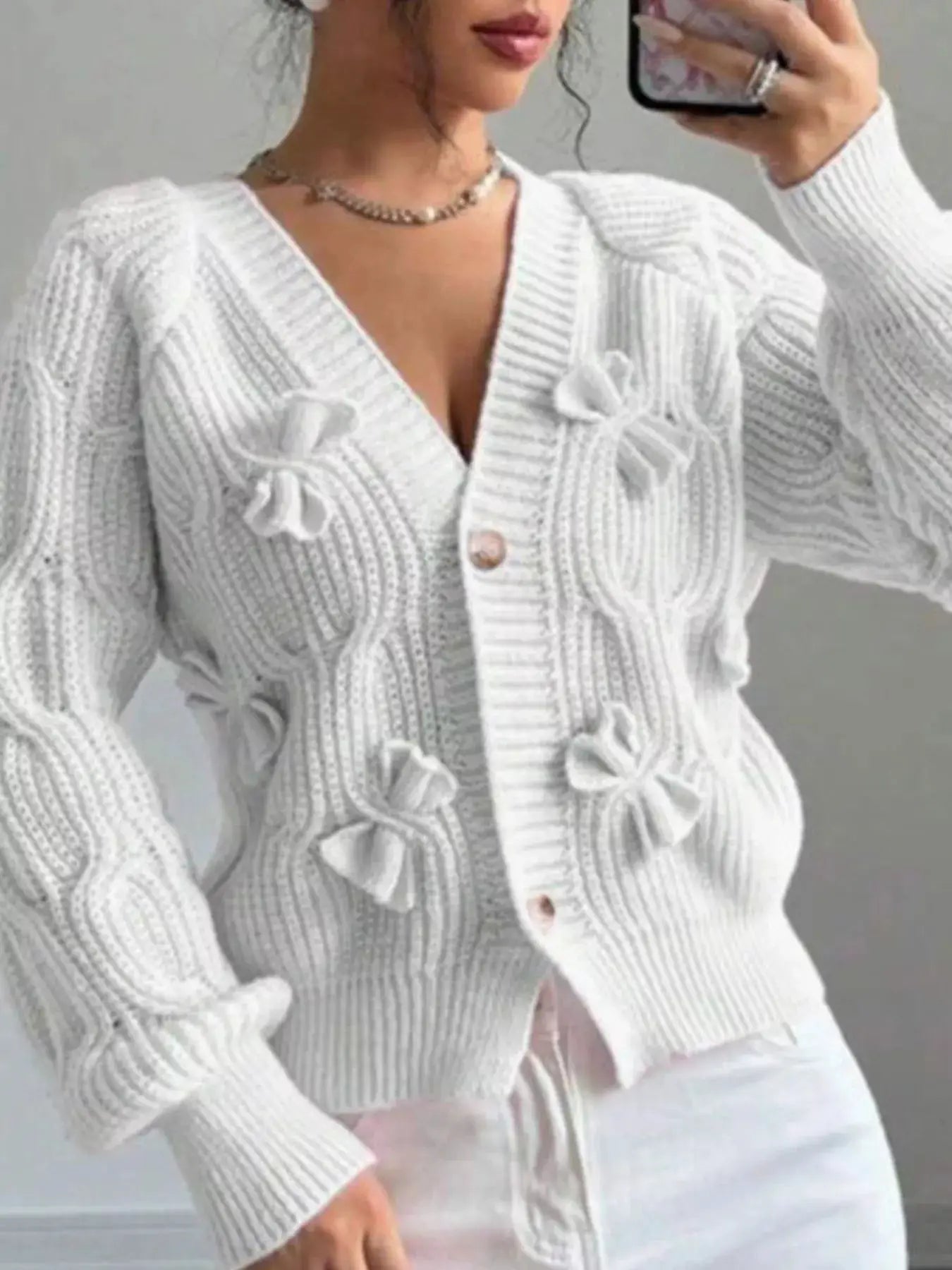Bow Cable Knit V-Neck Cardigan by Trendsi