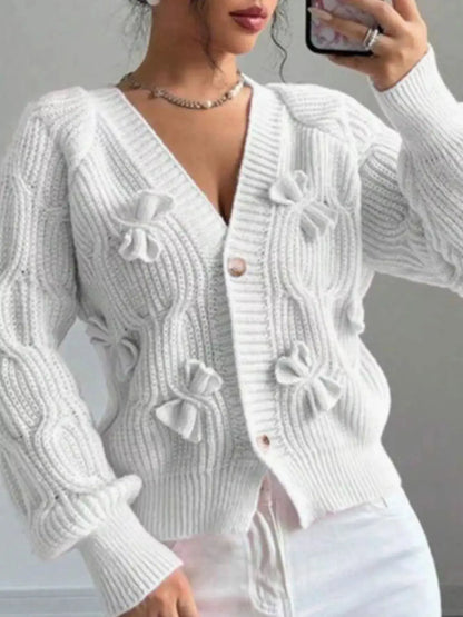 Bow Cable Knit V-Neck Cardigan by Trendsi