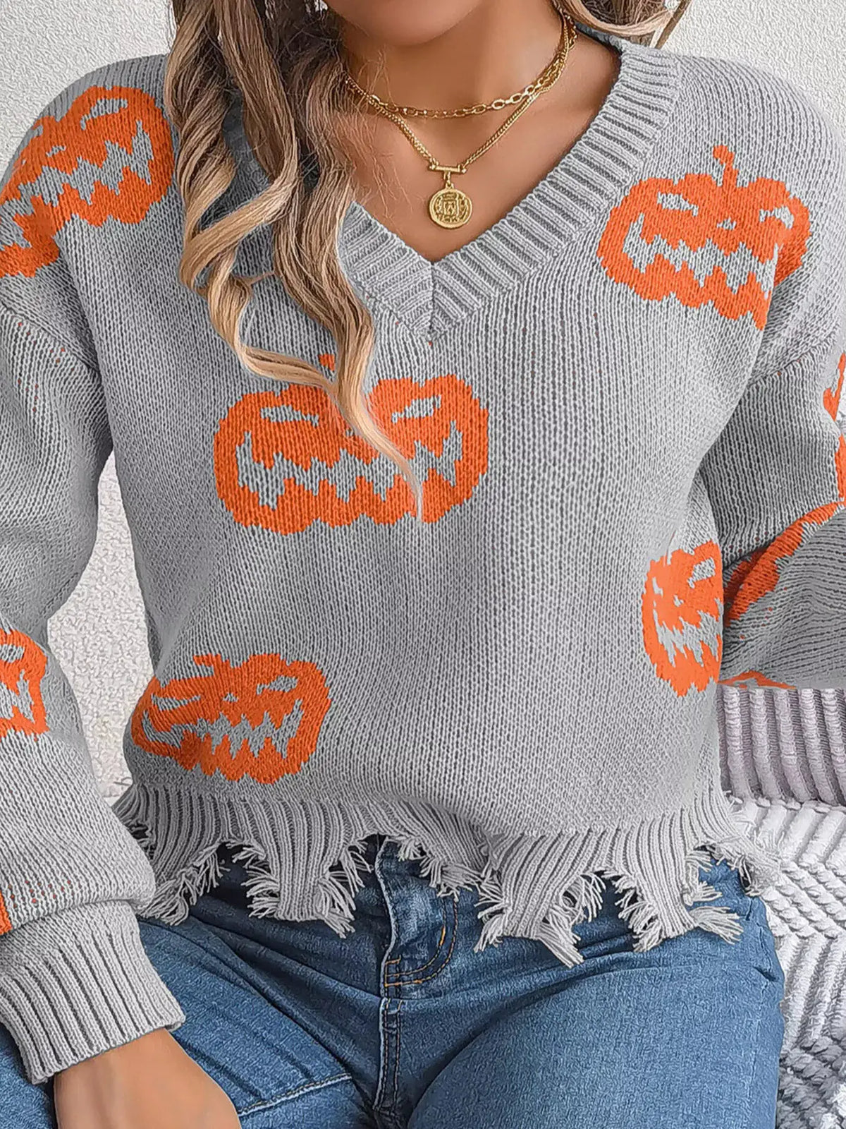 Pumpkin Distressed Hem Sweater by Trendsi