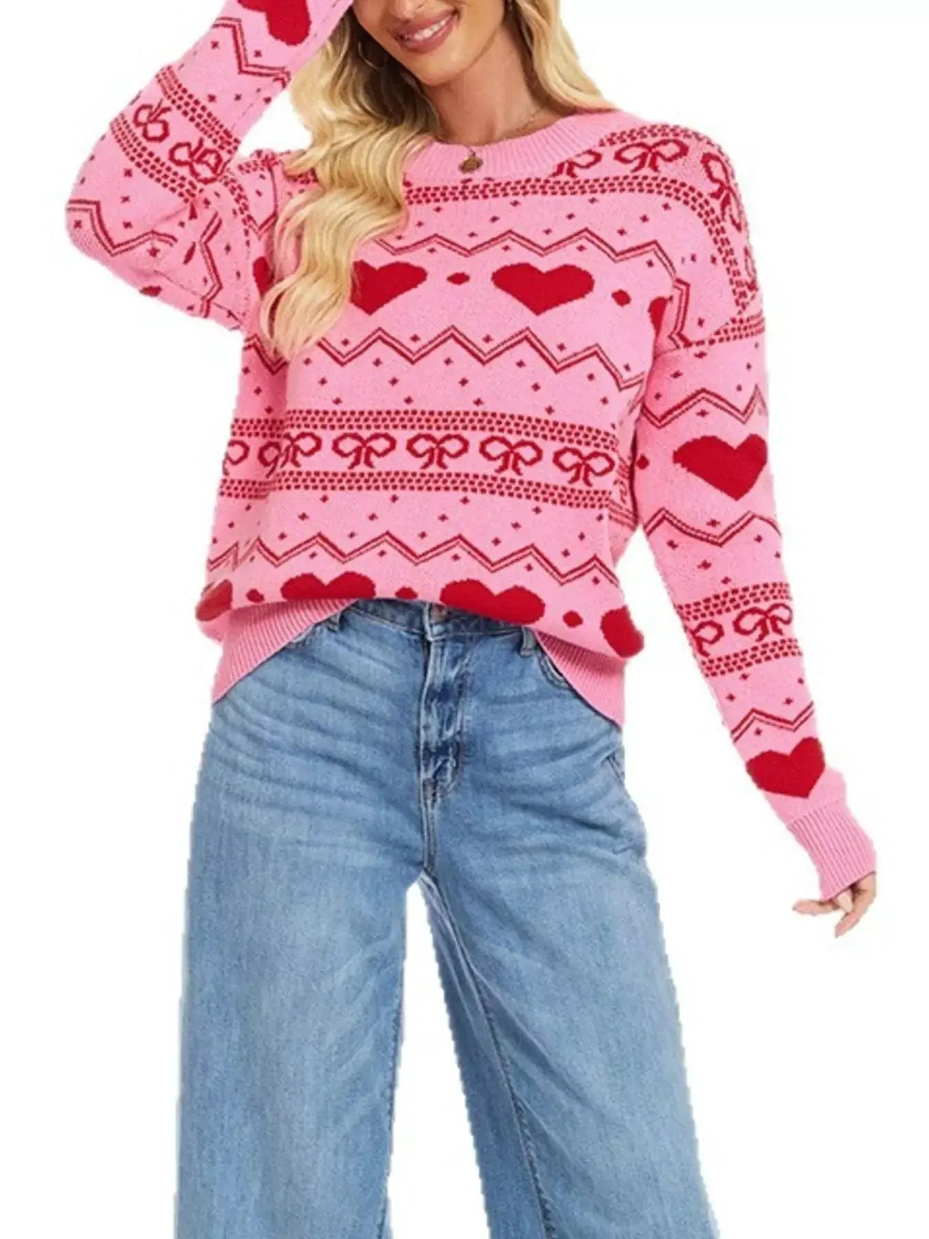 Heart Pattern Dropped Shoulder Sweater by Trendsi