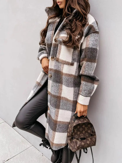 Longline Plaid Button Up Coat by Trendsi