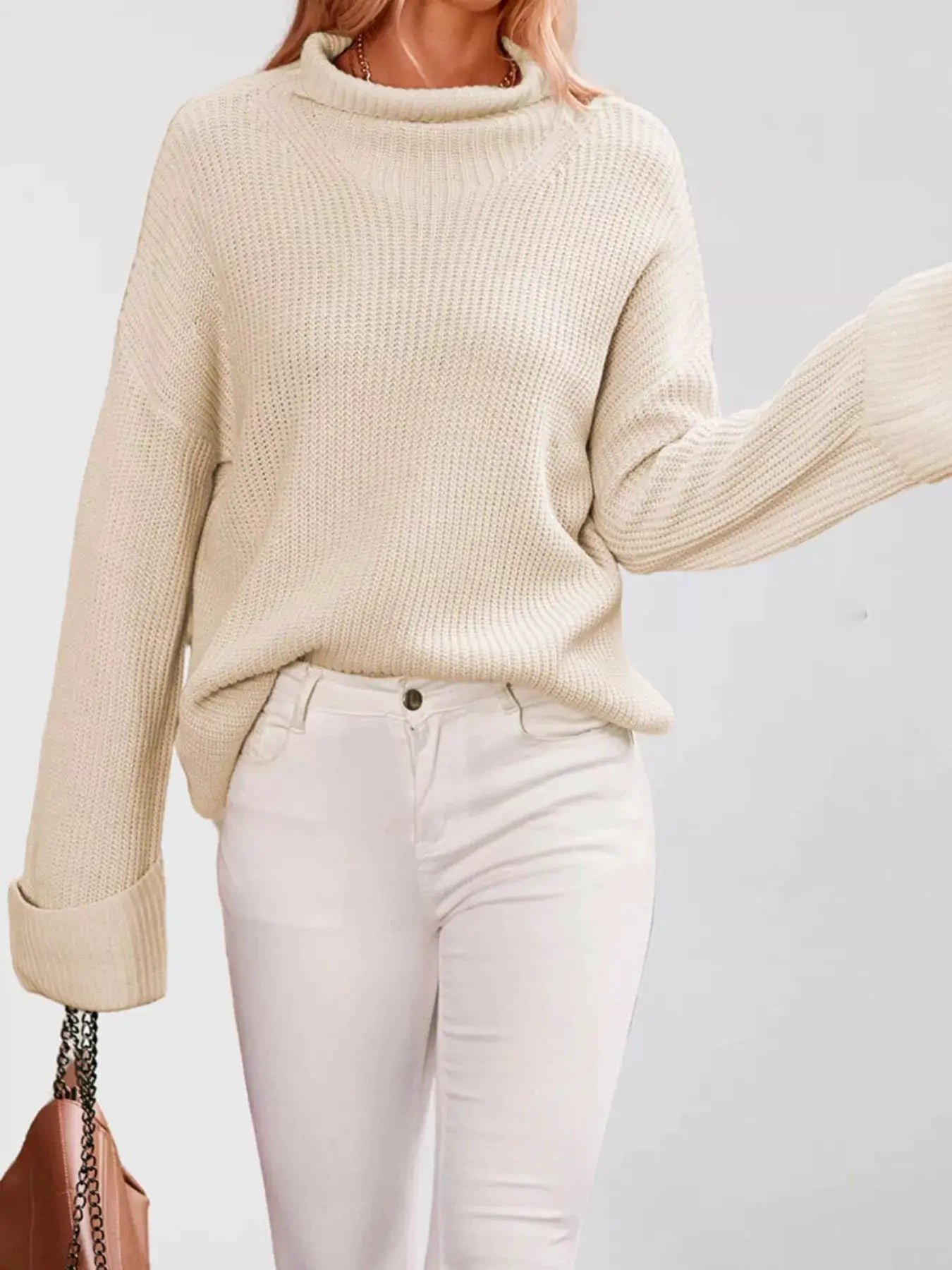 Mock Neck Dropped Shoulder Sweater by Trendsi