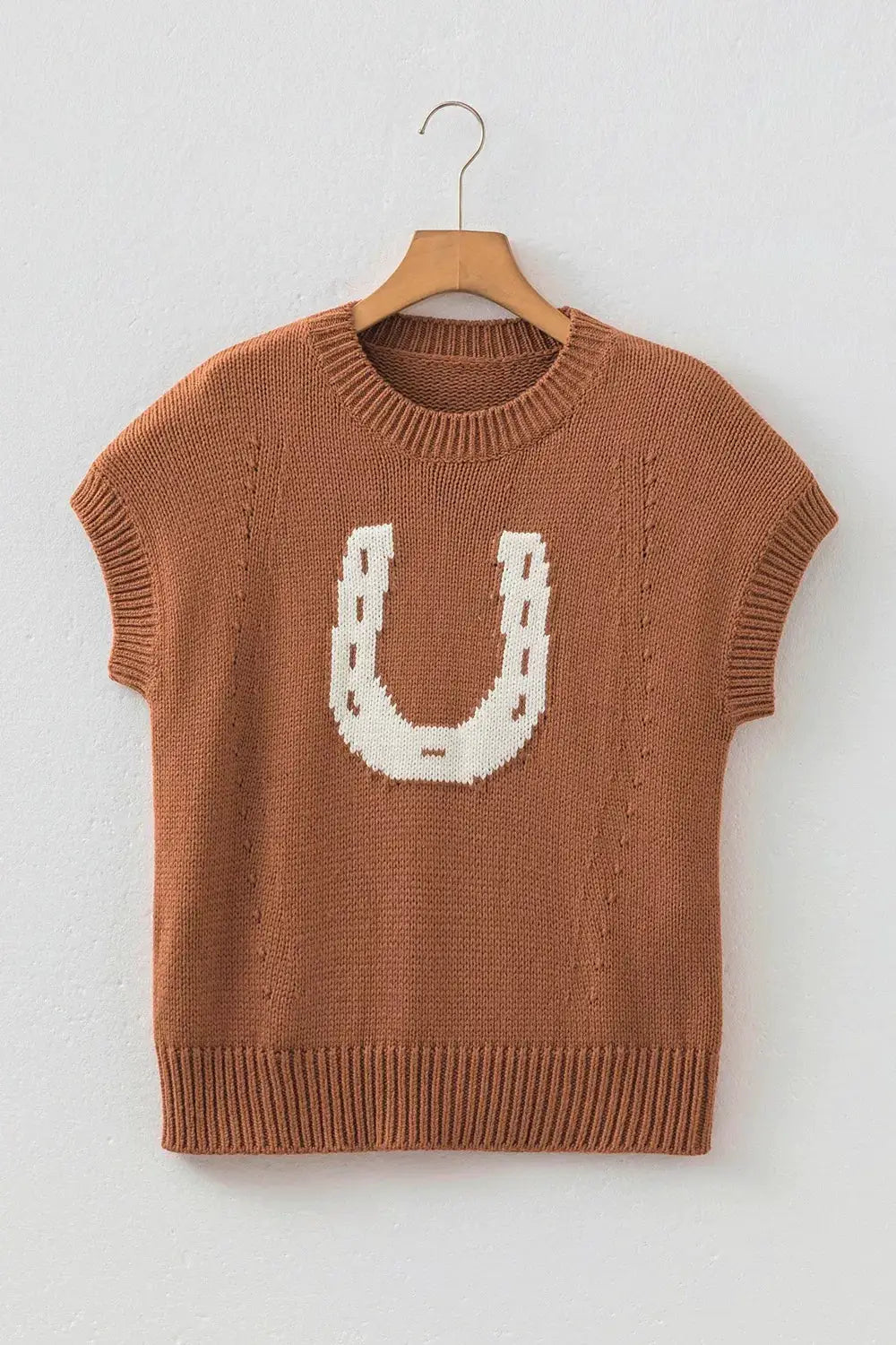 Western Horseshoe Pattern Short Sleeve Knit Sweater by Trendsi