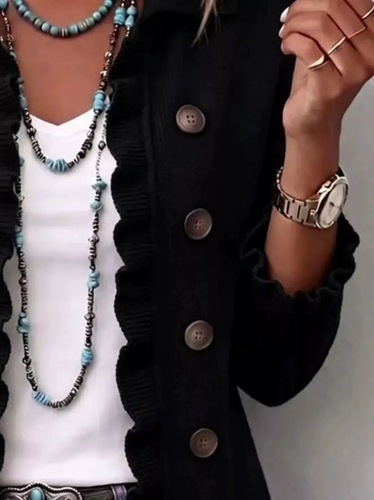 Full Size Ruffled Trim Decorative Button Cardigan Plus Size by Trendsi