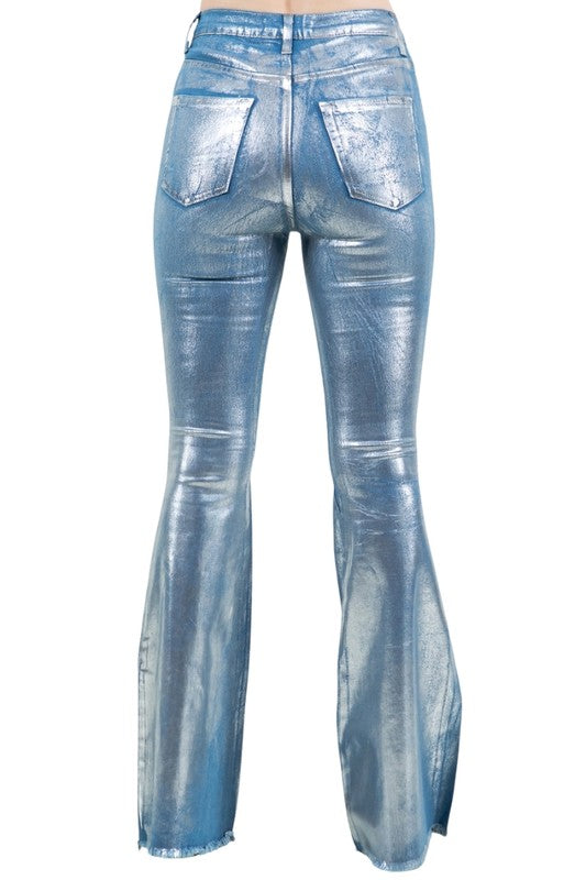 Metallic Bell Bottom Jean in Blue - Inseam 32"