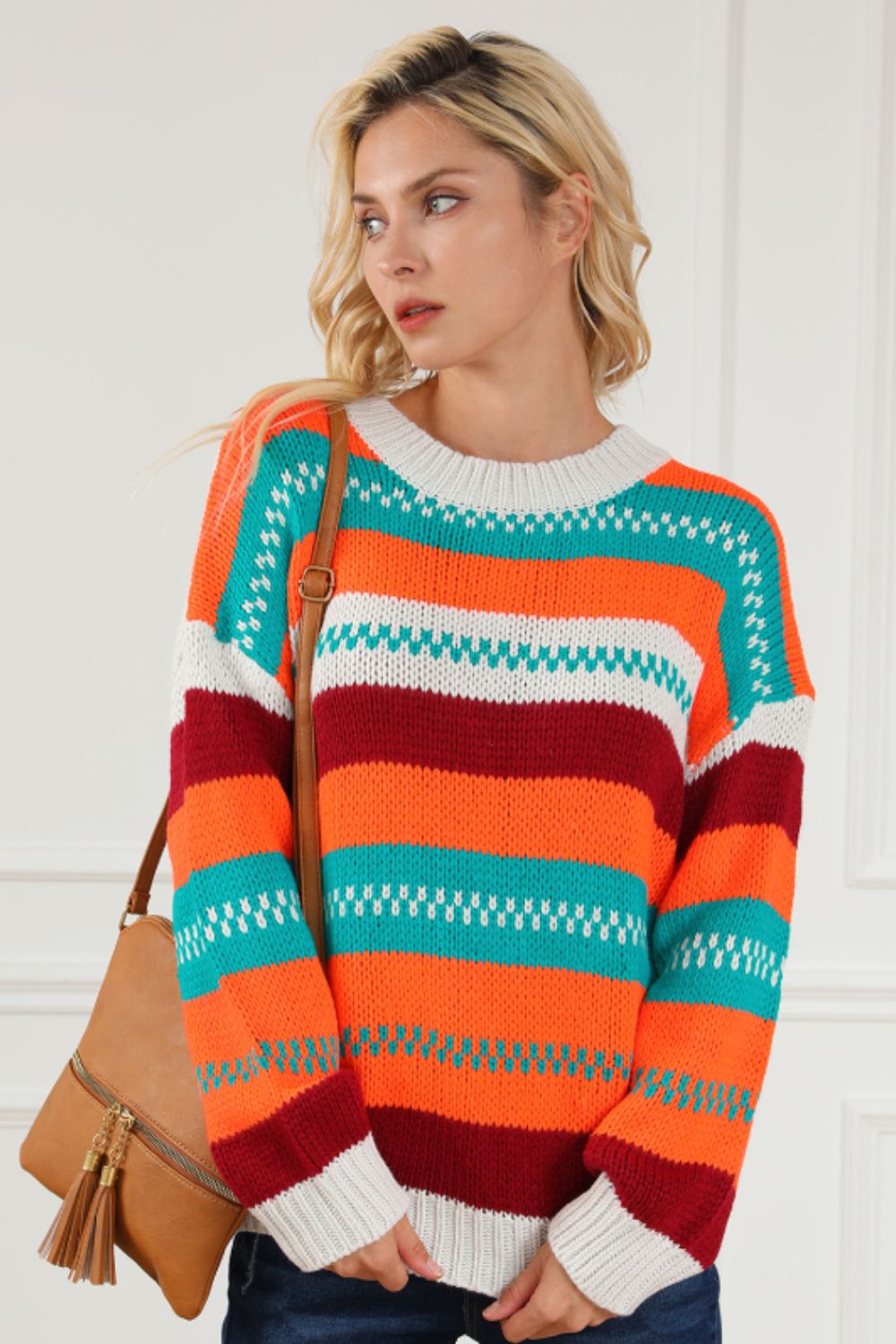 Contrast Striped Round Neck Long Sleeve Sweater