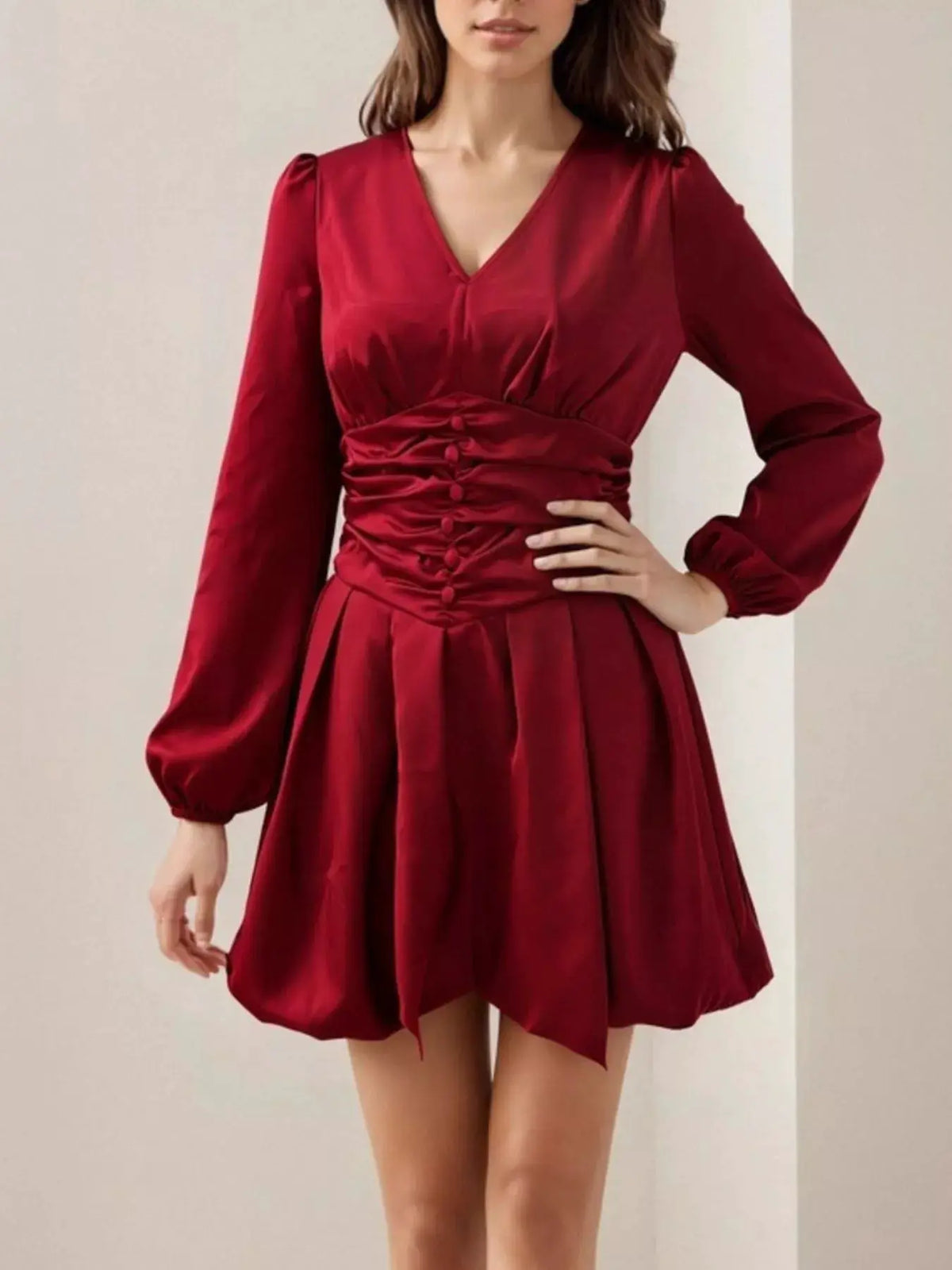 Ruched V-Neck Balloon Sleeve Dress by Trendsi