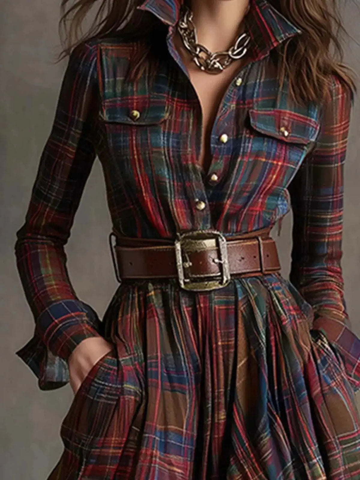Full Size Plaid Long Sleeve Shirt Maxi Dress Plus Size by Trendsi