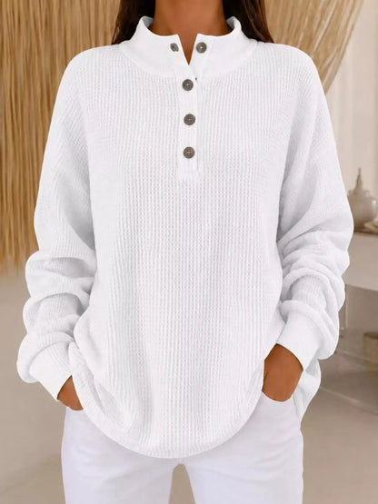 Full Size Waffle Knit Button Detail Sweatshirt Plus Size by Trendsi