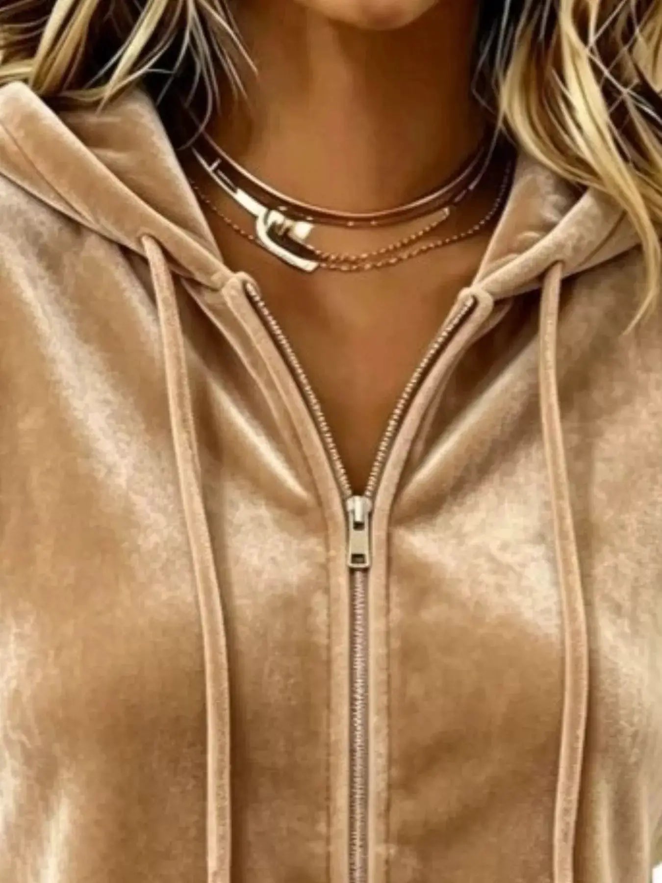 Full Size Velvet Zip-Up Hoodie with Drawstring Plus Size by Trendsi