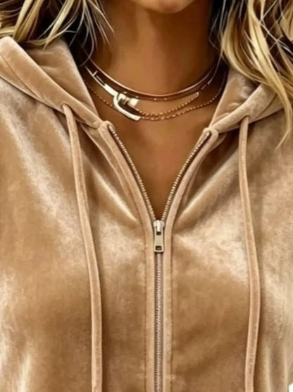 Full Size Velvet Zip-Up Hoodie with Drawstring Plus Size by Trendsi