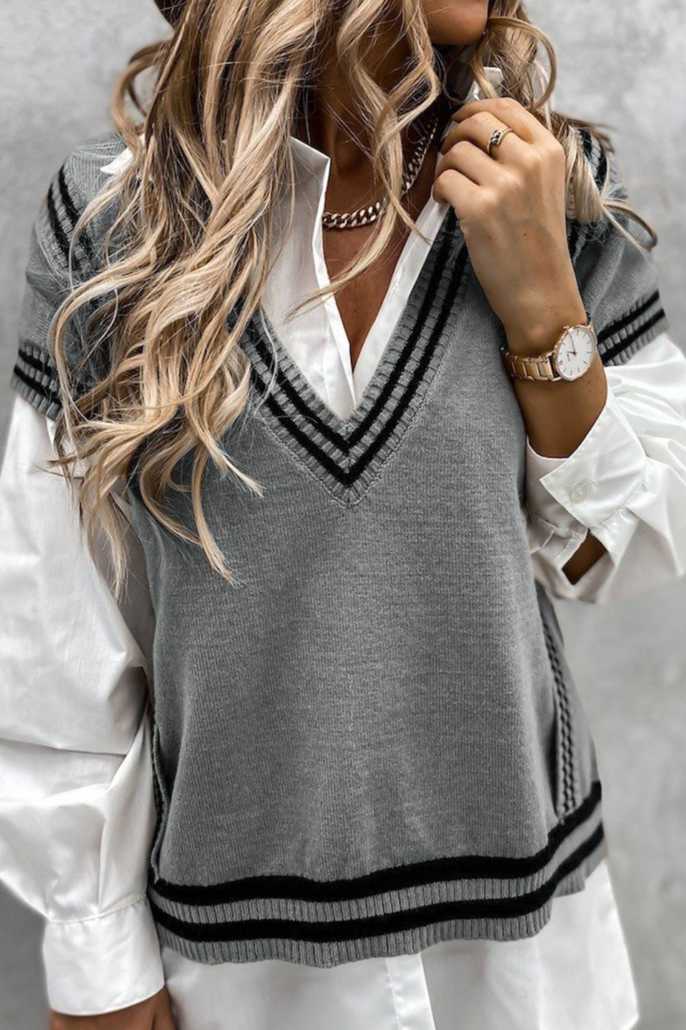 Striped Trim V-Neck Sweater Vest