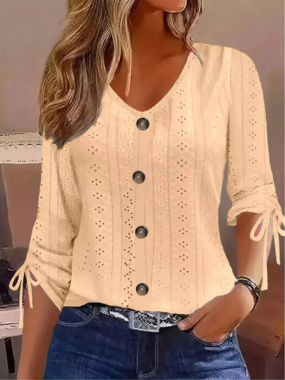Eyelet Tie-Sleeve Detail Top by Trendsi
