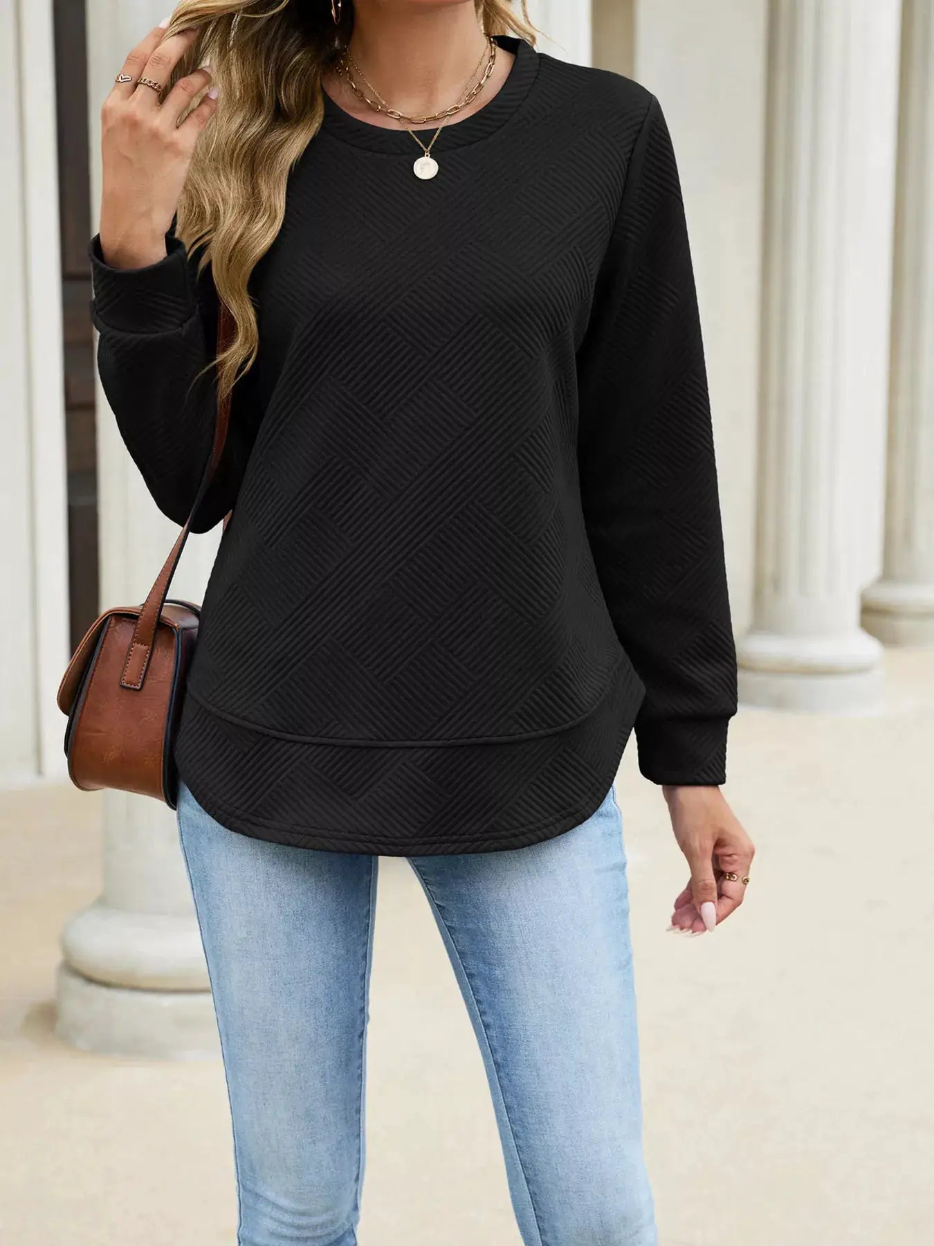 Textured Crew Neck Sweatshirt by Trendsi