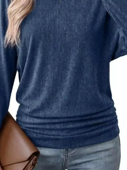 Long Sleeve Crew Neck Casual T-Shirt with Ruched Hem by Trendsi