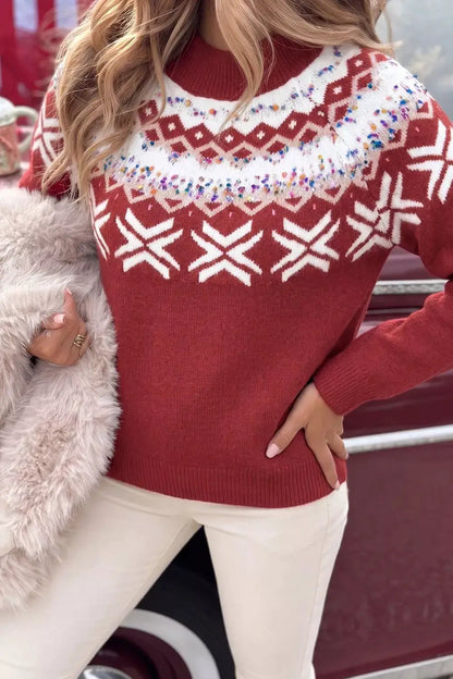 Christmas Theme Geometric Pattern Knit Round Neck Shift Sweater by Trendsi