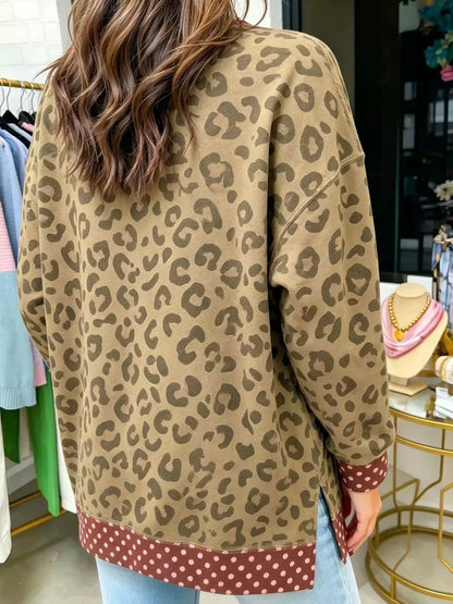 Side Slit Leopard Sweatshirt with Polka Dot Trim by Trendsi