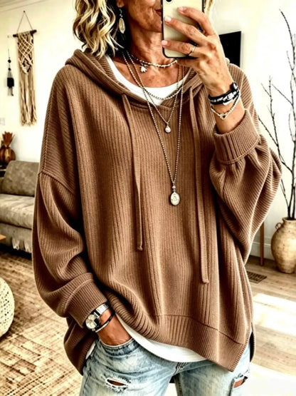 Drawstring Ribbed Knit Hoodie by Trendsi