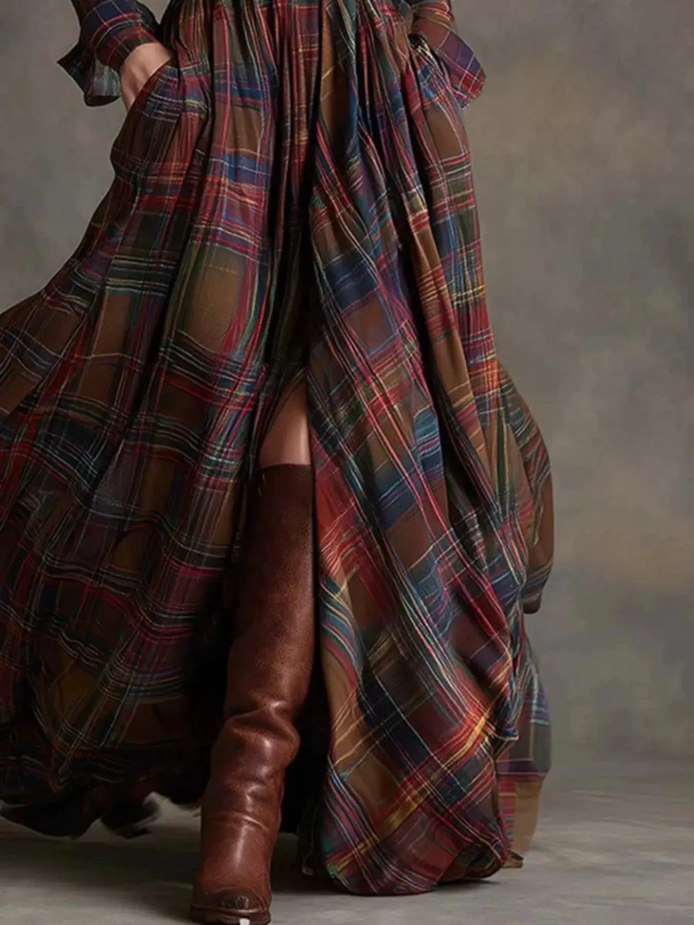 Full Size Plaid Long Sleeve Shirt Maxi Dress Plus Size by Trendsi